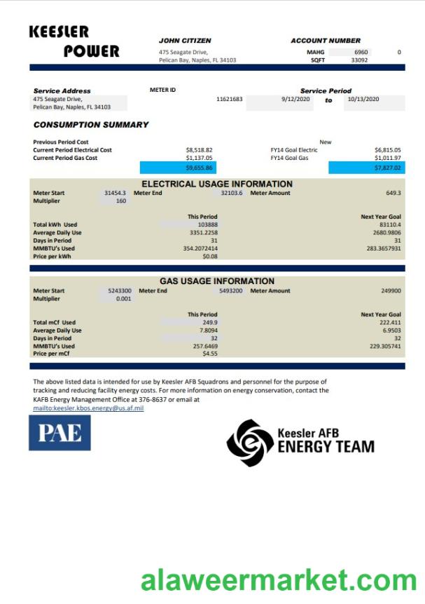 USA Mississippi Keesler AFB Energy utility bill template in Word and PDF format